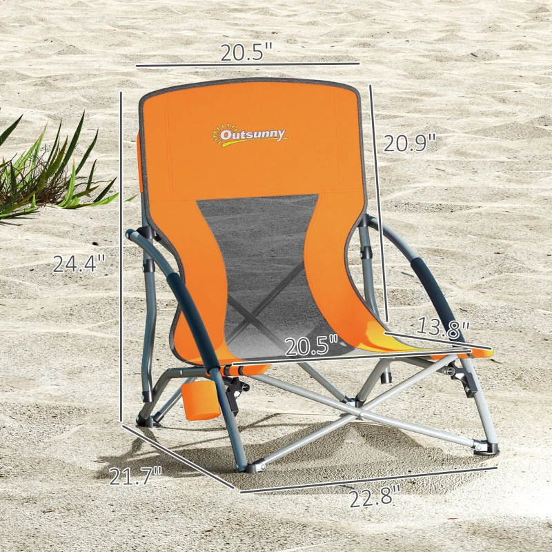 Outsunny Set of 2 Folding Beach Chairs with Mesh Back, Carry Bag and Cup Holder for Outdoor Camping Lawn Sports Picnic Orange