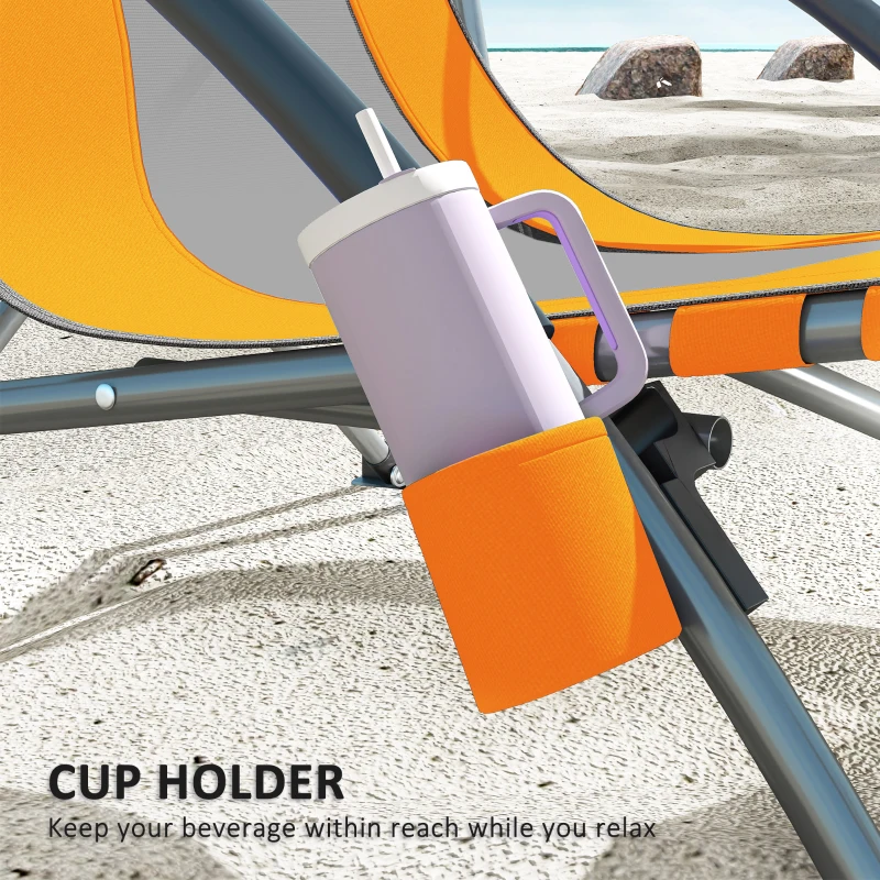 Outsunny Set of 2 Folding Beach Chairs with Mesh Back, Carry Bag and Cup Holder for Outdoor Camping Lawn Sports Picnic Orange