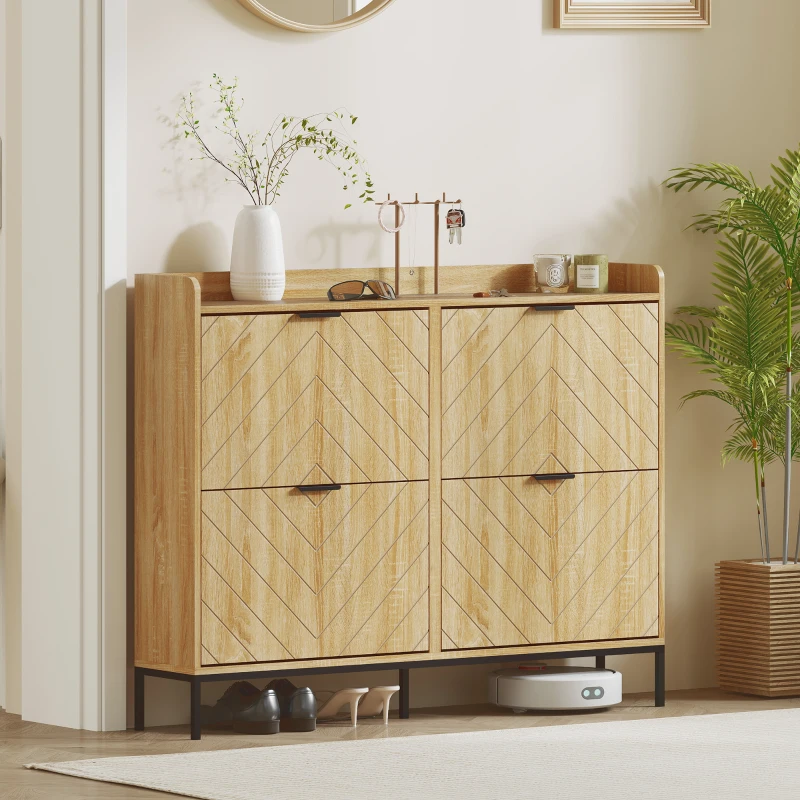 HOMCOM Narrow Shoe Storage Cabinet, Modern Slim Shoe Cabinet with 4 Flip Drawers, 16 Pairs of Shoes for Hallway, Entryway, Oak