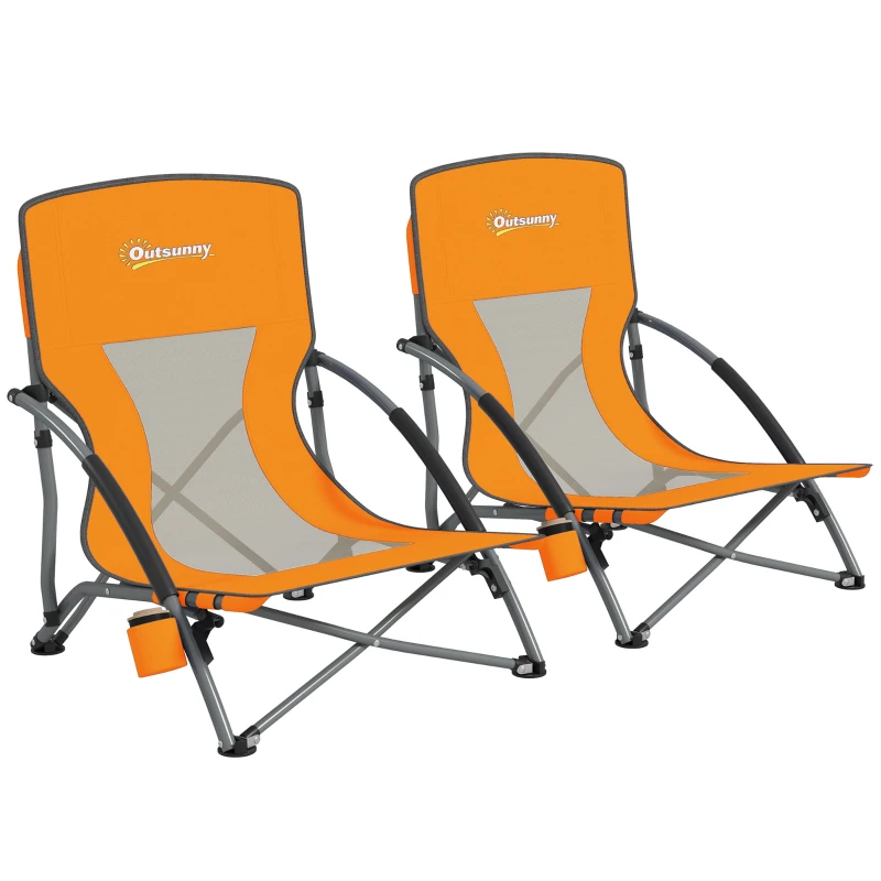 Outsunny Set of 2 Folding Beach Chairs with Mesh Back, Carry Bag and Cup Holder for Outdoor Camping Lawn Sports Picnic Orange
