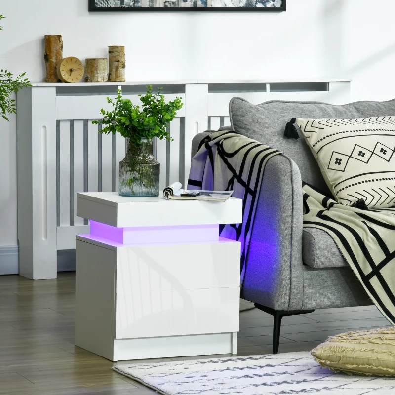 HOMCOM Nightstand, Bedside Table with LED Lights and 2 Drawers for Bedroom, Living Room, White
