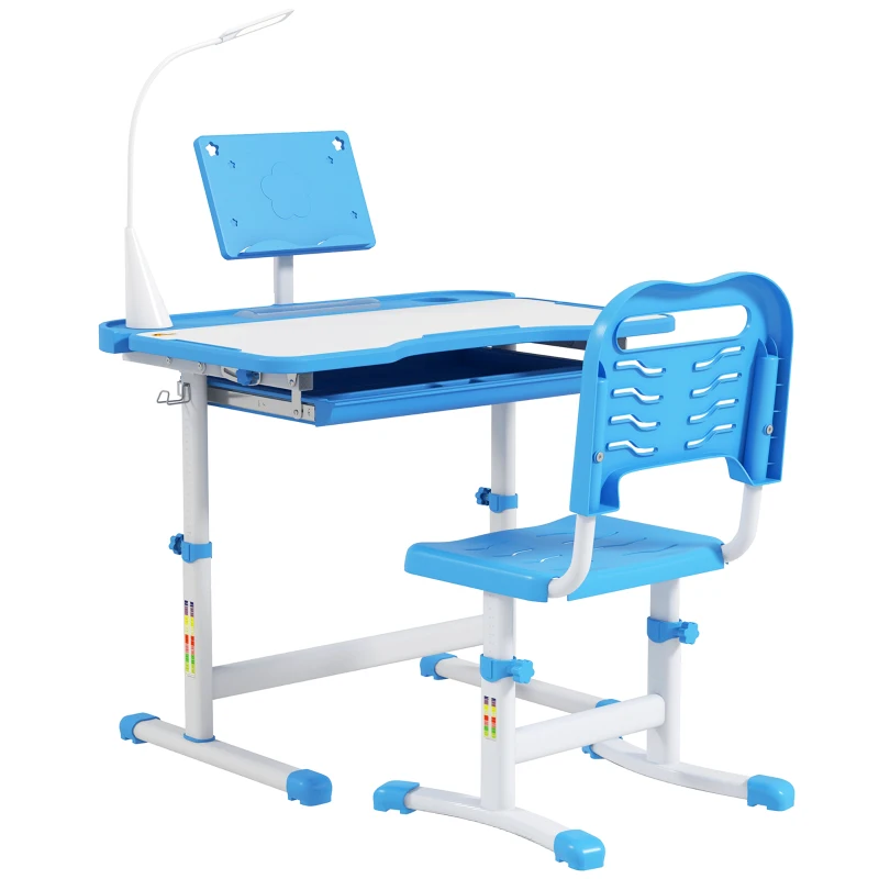 Qaba Kids Desk and Chair Set, School Study Desk with USB Light, Storage Drawer for Writing, Activities, Arts, or Crafts, Blue and White