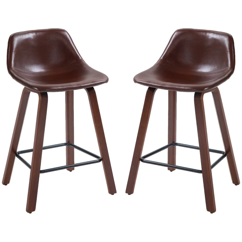 HOMCOM Counter Height Bar stools Set of 2 Mid-Back PU Leather Bar Chairs with Wood Legs, Brown