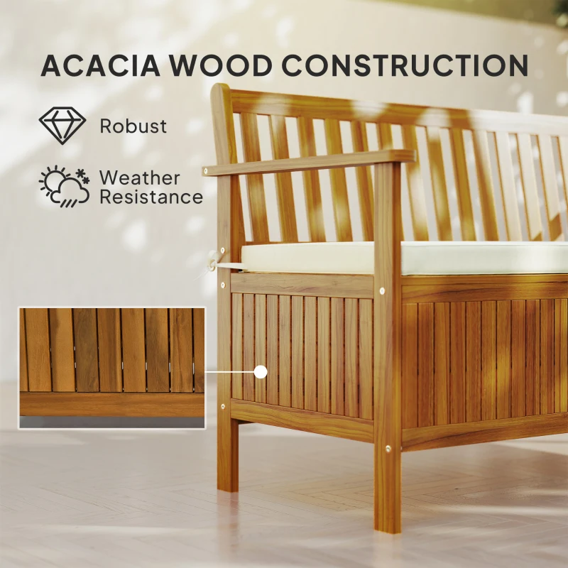 Outsunny Outdoor Bench with Storage Compartment, Acacia Wood Patio Bench with Cushion, 2 Seater Garden Bench, Teak