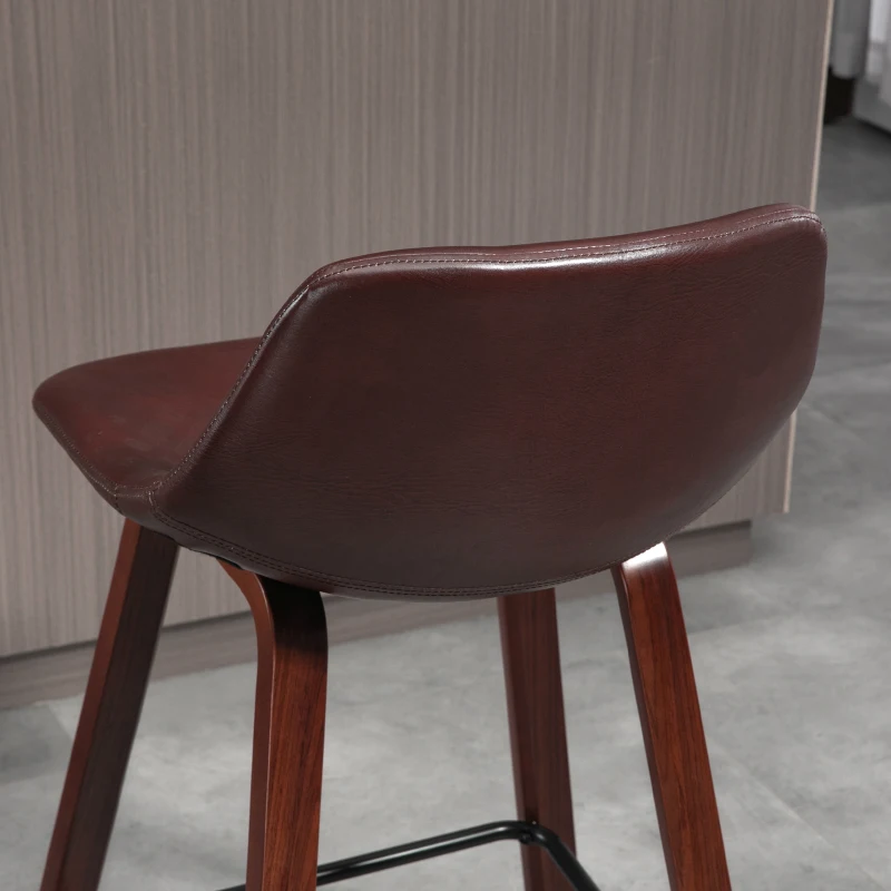 HOMCOM Counter Height Bar stools Set of 2 Mid-Back PU Leather Bar Chairs with Wood Legs, Brown