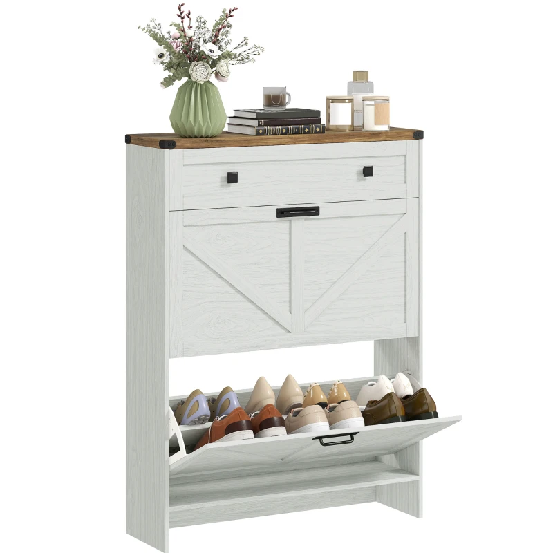 HOMCOM Narrow Shoe Storage Cabinet, Farmhouse Shoe Cabinet with 2 Flip Drawers, 1 Drawer, 12 Pairs for Entryway, White