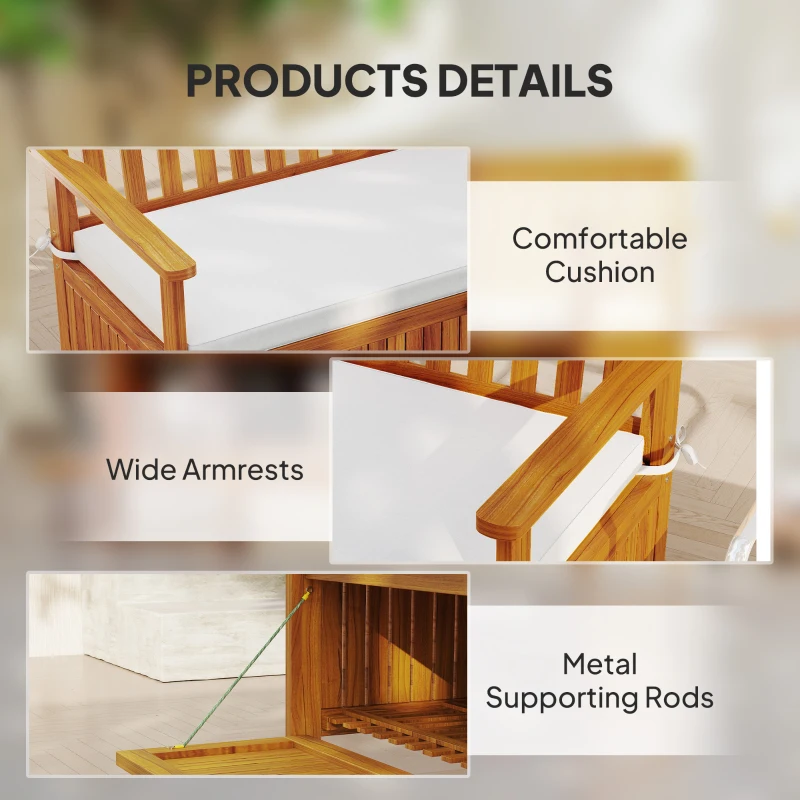 Outsunny Outdoor Bench with Storage Compartment, Acacia Wood Patio Bench with Cushion, 2 Seater Garden Bench, Teak