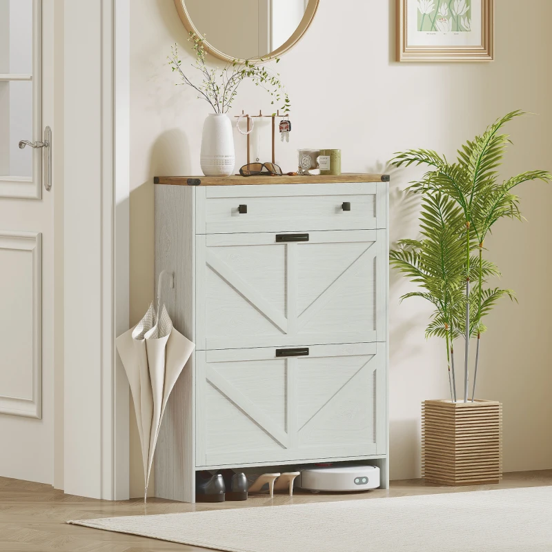 HOMCOM Narrow Shoe Storage Cabinet, Farmhouse Shoe Cabinet with 2 Flip Drawers, 1 Drawer, 12 Pairs for Entryway, White