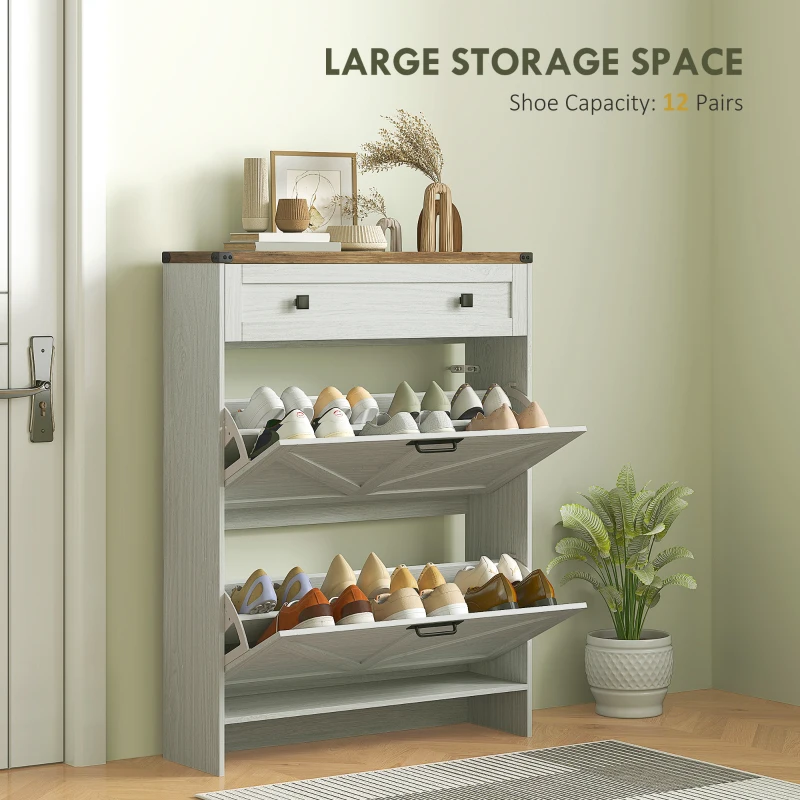 HOMCOM Narrow Shoe Storage Cabinet, Farmhouse Shoe Cabinet with 2 Flip Drawers, 1 Drawer, 12 Pairs for Entryway, White