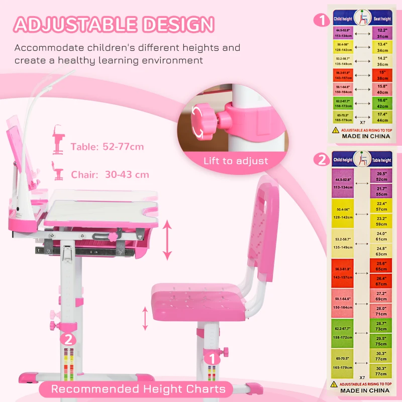 Qaba Kids Desk and Chair Set, School Study Desk with USB Light, Storage Drawer for Writing, Activities, Arts, or Crafts, Pink and White