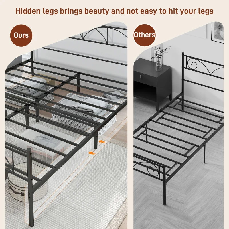 HOMCOM Metal Queen Platform Bed Frame with Headboard, Steel Slat Support, Underbed Storage, No Box Spring Needed, Easy Assembly