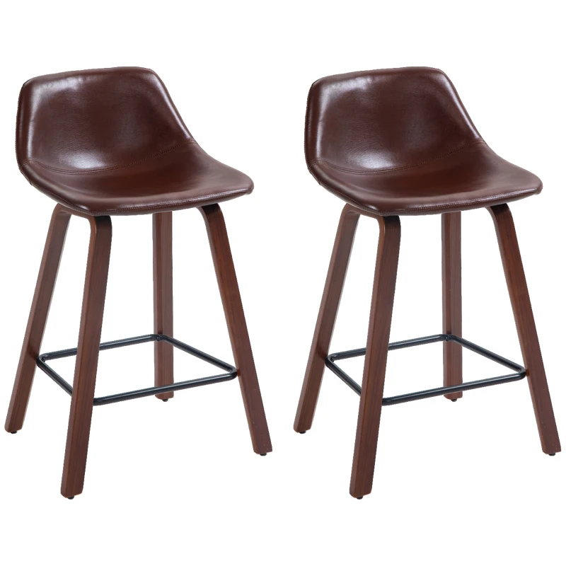 HOMCOM Counter Height Bar stools Set of 2 Mid-Back PU Leather Bar Chairs with Wood Legs, Brown