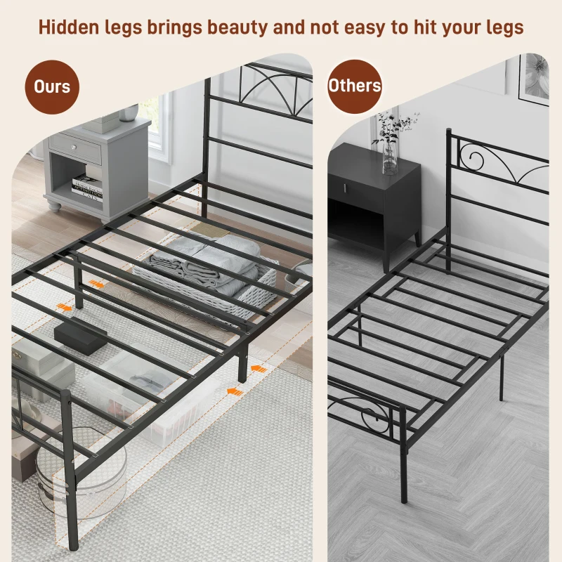 HOMCOM Metal Twin Platform Bed Frame with Headboard, Steel Slat Support, Underbed Storage, No Box Spring Needed, Easy Assembly