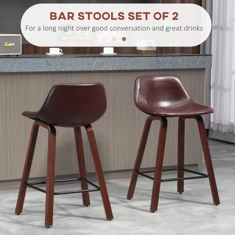 HOMCOM Counter Height Bar stools Set of 2 Mid-Back PU Leather Bar Chairs with Wood Legs, Brown