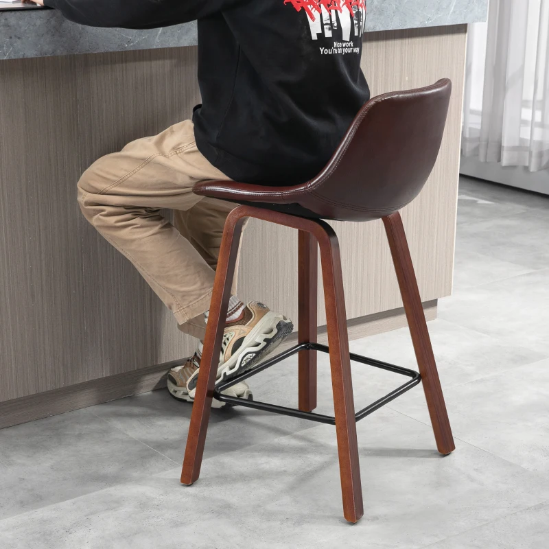 HOMCOM Counter Height Bar stools Set of 2 Mid-Back PU Leather Bar Chairs with Wood Legs, Brown