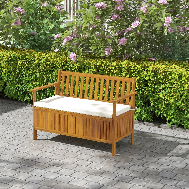 Outsunny Outdoor Bench with Storage Compartment, Acacia Wood Patio Bench with Cushion, 2 Seater Garden Bench, Teak
