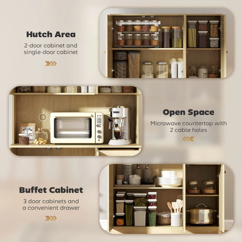 HOMCOM Kitchen Hutch with Microwave Countertop, 71" Boho Kitchen Pantry Cabinet with Decorative Rattan Doors, Natural