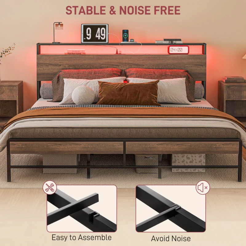 HOMCOM King Size Bed Frame with LED Lights and Charging Station, King Bed Frame with Storage Headboard, Noise-Free, Walnut