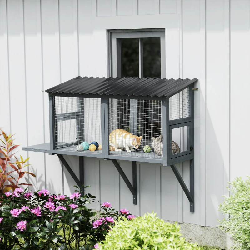 PawHut Wooden Cat Catio, Outdoor Cat Enclosure Window Perch with Jumping Platform, for Safely Enjoying Outdoor Sights, Gray