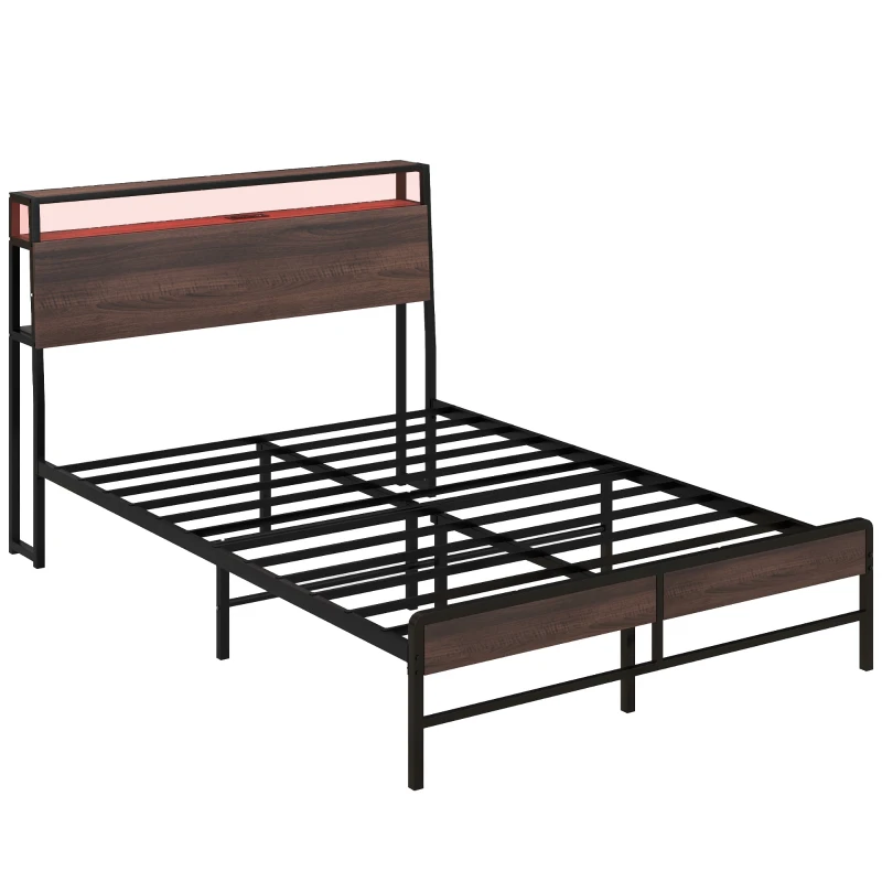 HOMCOM Full Size Bed Frame with LED Lights and Charging Station, Full Bed Frame with Storage Headboard, Noise-Free, Walnut