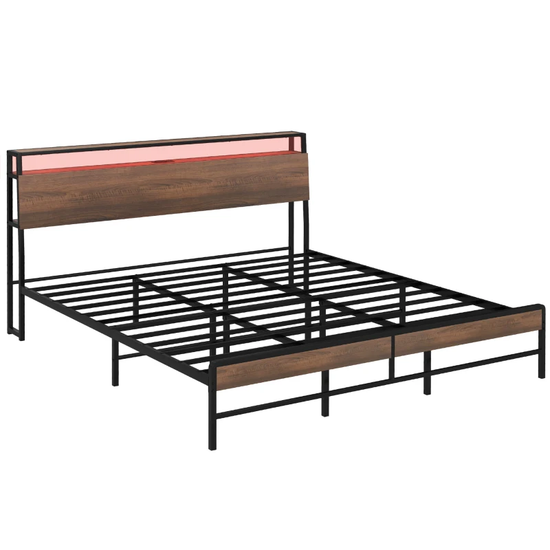 HOMCOM King Size Bed Frame with LED Lights and Charging Station, King Bed Frame with Storage Headboard, Noise-Free, Walnut