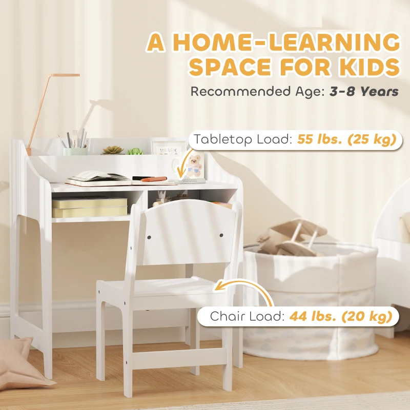 Qaba Kids Desk and Chair Set with Storage, Shelves for Bedroom, 3-8 Years Old, White