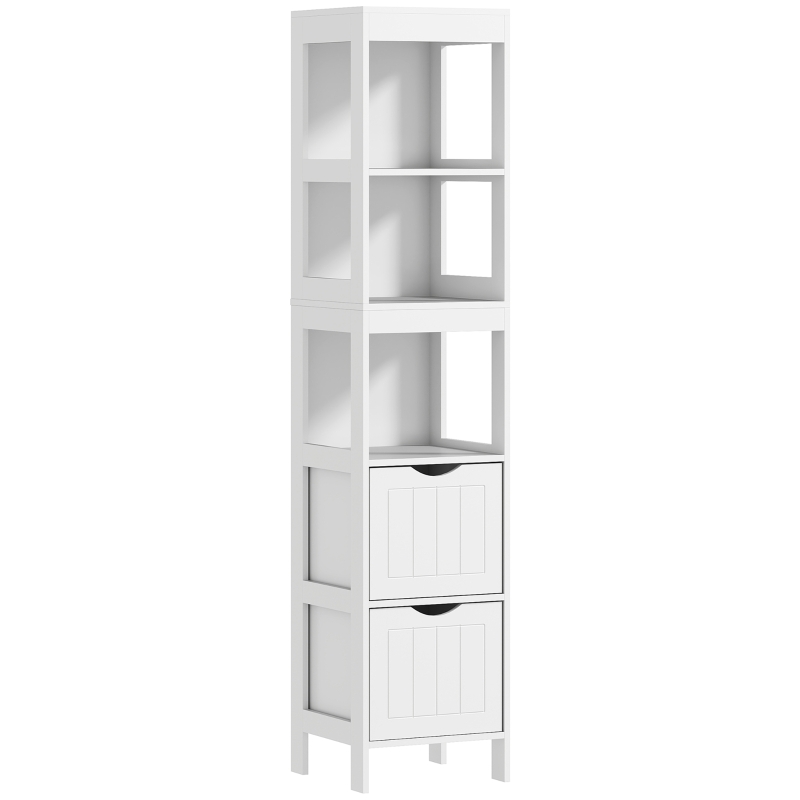 HOMCOM Narrow Bathroom Storage Cabinet, Bathroom Cabinet with 2 Drawers & 3 Open Shelves, Slim Bathroom Floor Cabinet, White