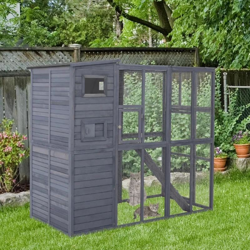 PawHut Wooden Outdoor Catio with Platforms, Asphalt Roof, Ramps, Gray