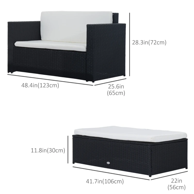 Outsunny 2 Pieces Wicker Patio Furniture Set with Double Ottoman, Outdoor PE Rattan Conversation Set with Loveseat and Two Seat Ottoman, Cream White