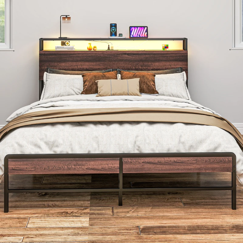 HOMCOM Queen Size Bed Frame with LED Lights and Charging Station, Queen Bed Frame with Storage Headboard, Noise-Free, Walnut