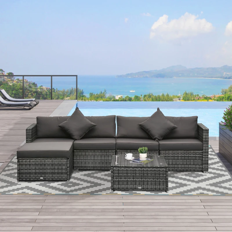 Outsunny 6 Pieces Outdoor PE Rattan Wicker Patio Furniture Sofa Set with Thick Cushions, Deluxe Garden Sectional Couch with Glass Top Table, Mixed Grey and Charcoal