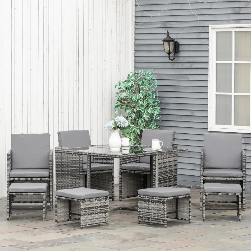 Outsunny 9 Pieces Wicker Patio Dining Set Outdoor Furniture Set with Removable Cushions, Glass Top Dining Table, Ottomans, PE Rattan Conversation Set for Garden Poolside, Grey