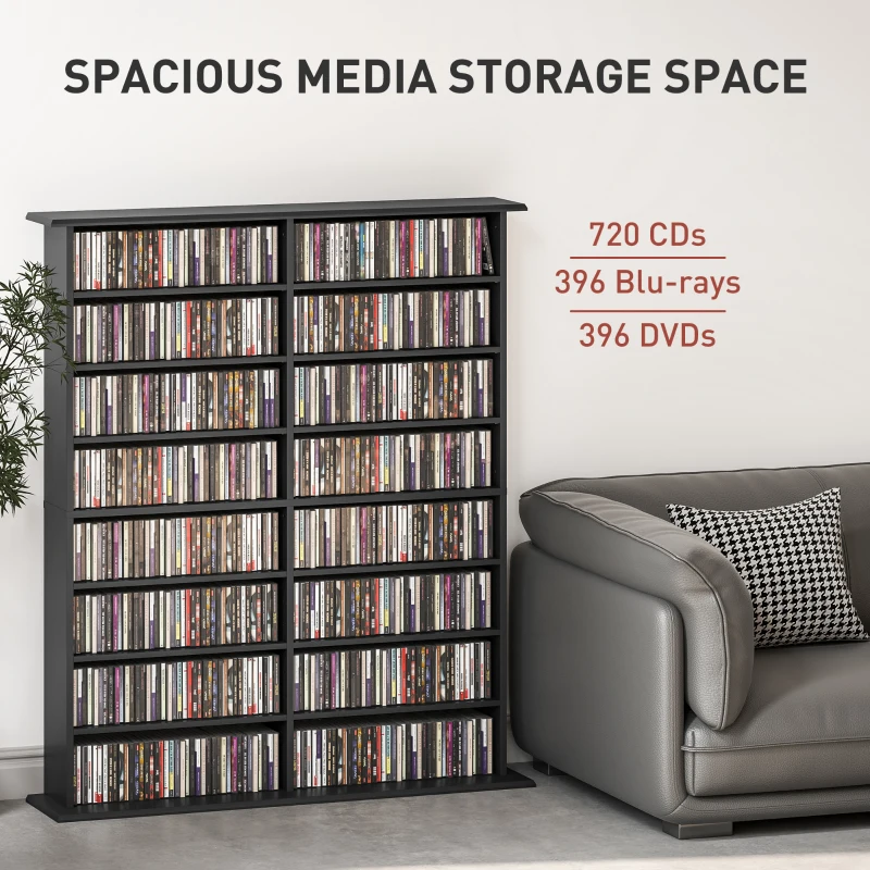 HOMCOM 8-Tier DVD Shelf with 12 Adjustable Shelves, Double CD Shelf, Holds 720 CDs, 396 DVDs or 396 Blu-rays, Black