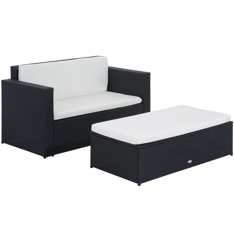 Outsunny 2 Pieces Wicker Patio Furniture Set with Double Ottoman, Outdoor PE Rattan Conversation Set with Loveseat and Two Seat Ottoman, Cream White