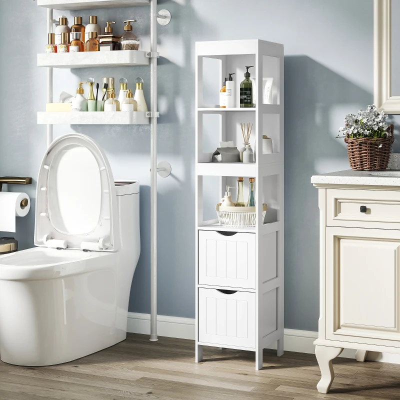 HOMCOM Narrow Bathroom Storage Cabinet, Bathroom Cabinet with 2 Drawers & 3 Open Shelves, Slim Bathroom Floor Cabinet, White