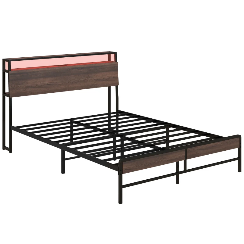 HOMCOM Queen Size Bed Frame with LED Lights and Charging Station, Queen Bed Frame with Storage Headboard, Noise-Free, Walnut