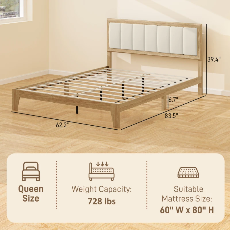 HOMCOM Queen Bed Frame with Headboard Queen Platform Bed Frame with Wooden Slats No Box Spring Needed Easy Assembly Natural