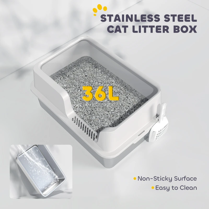 PawHut Stainless Steel Cat Litter Box with Lid with Scoop, High Sided, Non-Stick, & Anti-Urine Leakage, Easy Cleaning