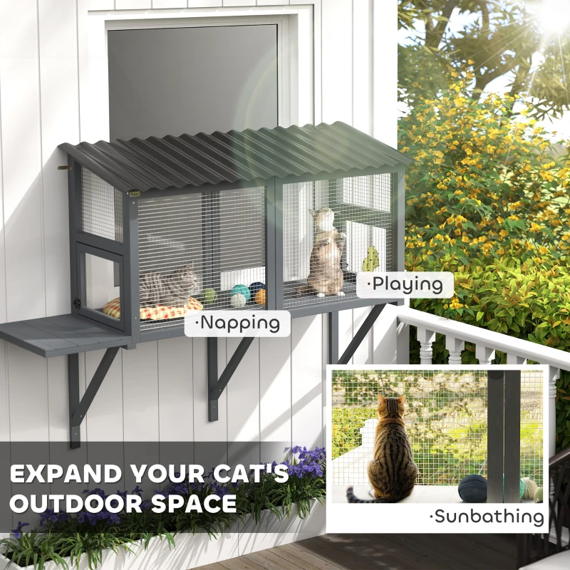 PawHut Wooden Cat Catio, Outdoor Cat Enclosure Window Perch with Jumping Platform, for Safely Enjoying Outdoor Sights, Gray