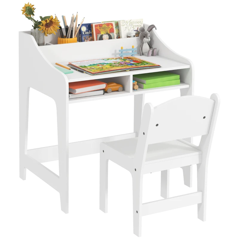 Qaba Kids Desk and Chair Set with Storage, Shelves for Bedroom, 3-8 Years Old, White