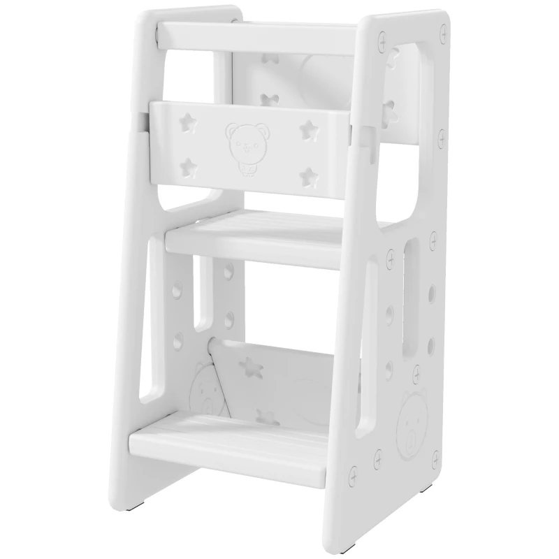 Qaba Toddler Tower with Adjustable Height, Toddler Kitchen Stool Helper with Anti-slip Mat, Step Stool for Kitchen, Bathroom, White