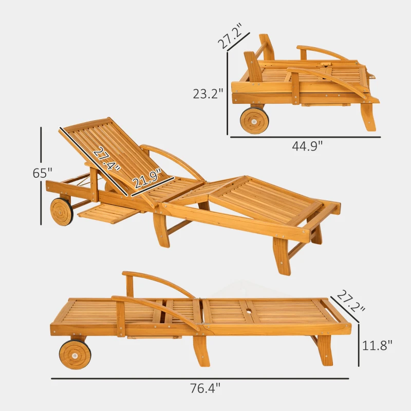 Outsunny Folding Lounge Chair, 4-Level Adjustable Tanning Chair with Wheels, Acacia Wood Patio Lounger for Beach, Teak
