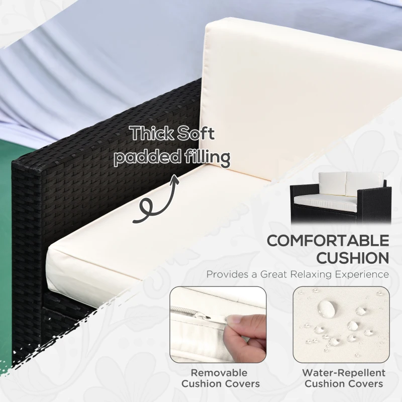 Outsunny 4 Pieces Sectional Patio Furniture Set, Rattan Wicker Patio Chairs Outdoor Coffee Set with Cushions, Cream White