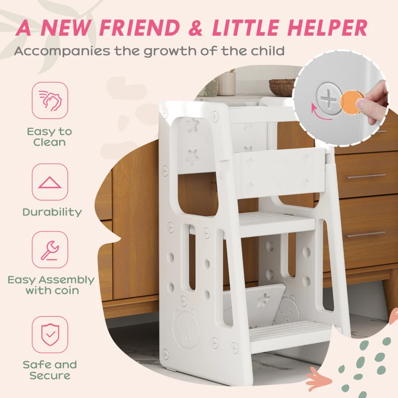 Qaba Toddler Tower with Adjustable Height, Toddler Kitchen Stool Helper with Anti-slip Mat, Step Stool for Kitchen, Bathroom, White