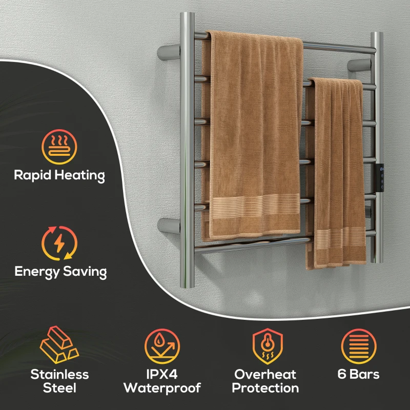 HOMCOM Towel Warmer, Stainless Steel Smart WiFi Heated Towel Rack, Wall Mounted with 6 Bars and Adjustable Temperature, Silver