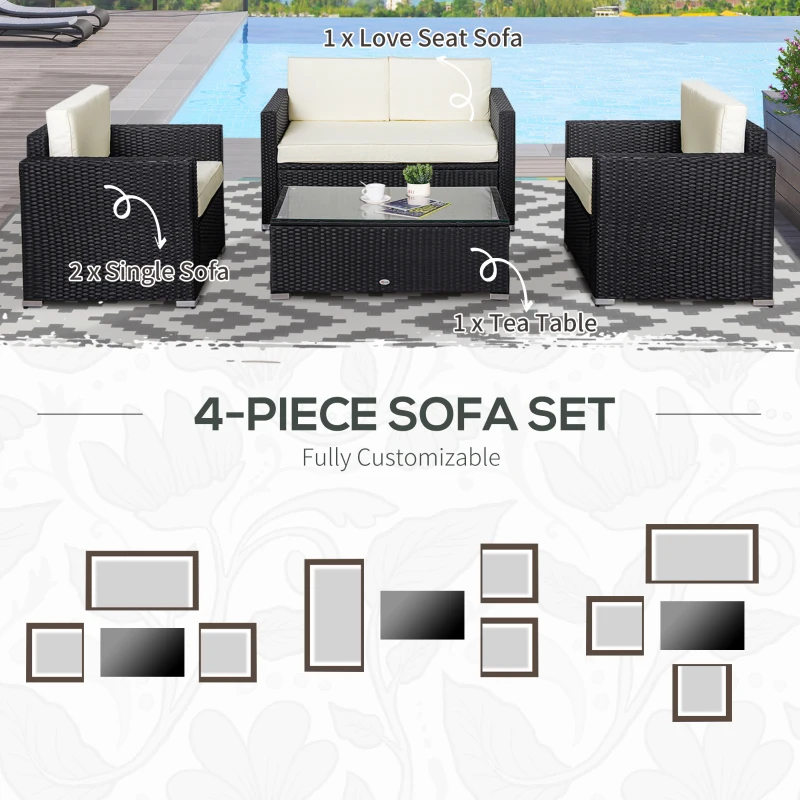 Outsunny 4 Pieces Sectional Patio Furniture Set, Rattan Wicker Patio Chairs Outdoor Coffee Set with Cushions, Cream White