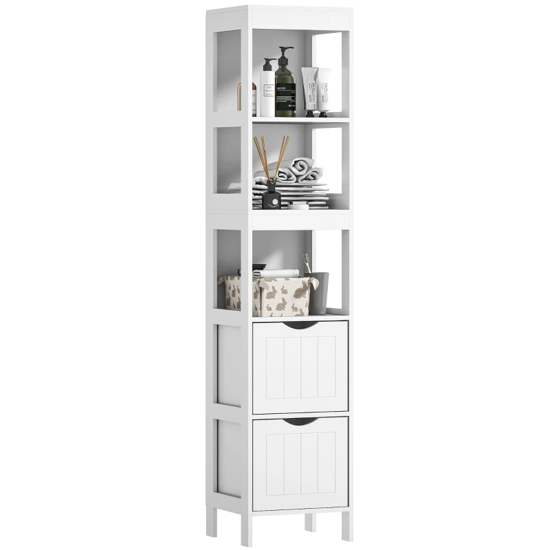 HOMCOM Narrow Bathroom Storage Cabinet, Bathroom Cabinet with 2 Drawers & 3 Open Shelves, Slim Bathroom Floor Cabinet, White