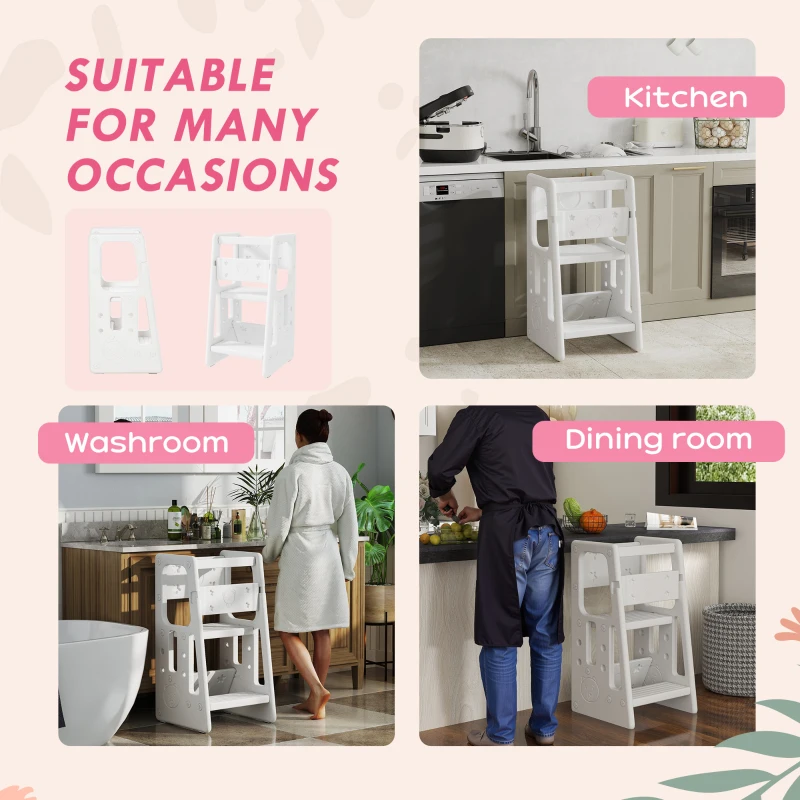 Qaba Toddler Tower with Adjustable Height, Toddler Kitchen Stool Helper with Anti-slip Mat, Step Stool for Kitchen, Bathroom, White