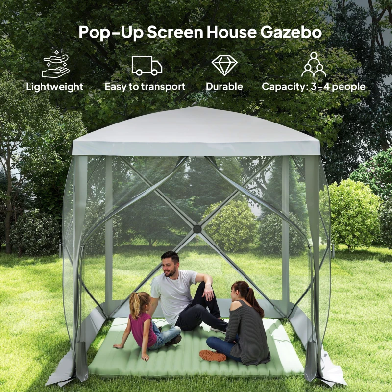 Outsunny Pop-Up Tent, Foldable Screen Tent with Carry Bag, Zippered Door and Ground Stakes, Fits 3-4 People, Light Grey
