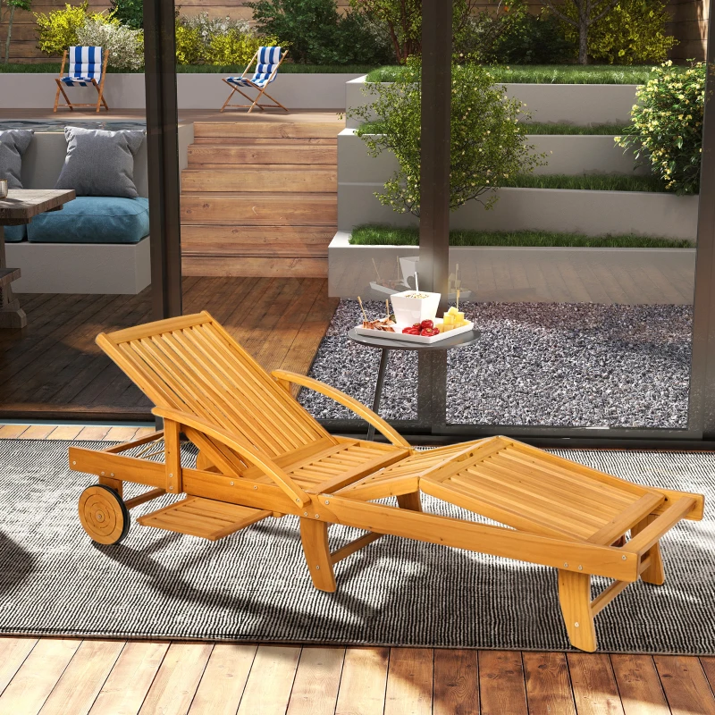 Outsunny Folding Lounge Chair, 4-Level Adjustable Tanning Chair with Wheels, Acacia Wood Patio Lounger for Beach, Teak